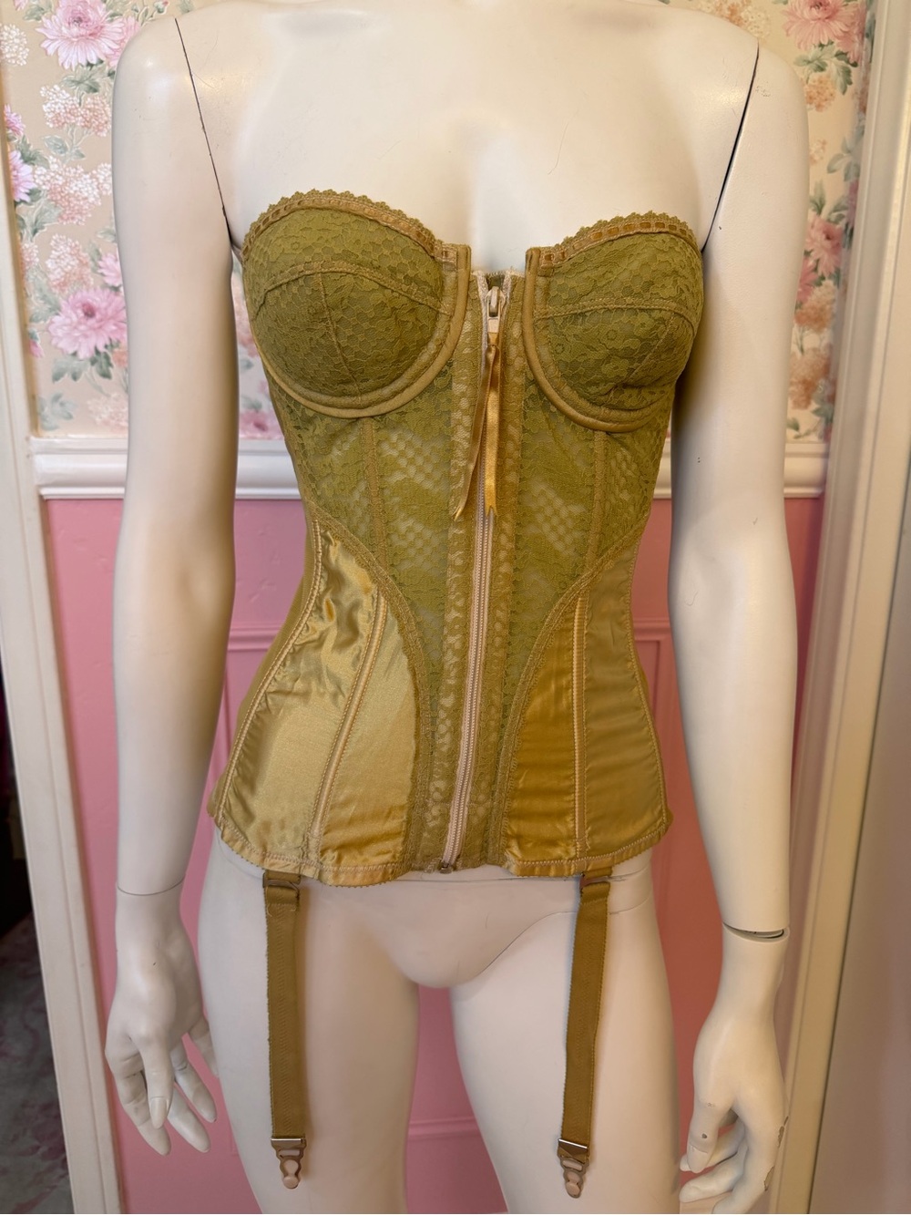 Unique Vintage Olive Lace Longline Bustier Corset with Garter Straps